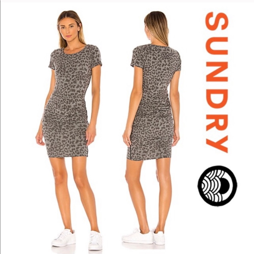 SUNDRY Anthropologie Leopard Ruched Dress Large 3